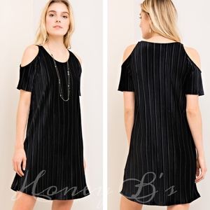 Micro Pleated Noir Velvet Open Cold shoulder dress